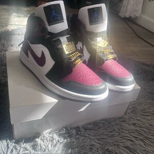 Nike Air Jordan 1 Mid SE High Tops in Beetroot Black, and White With Gold charms